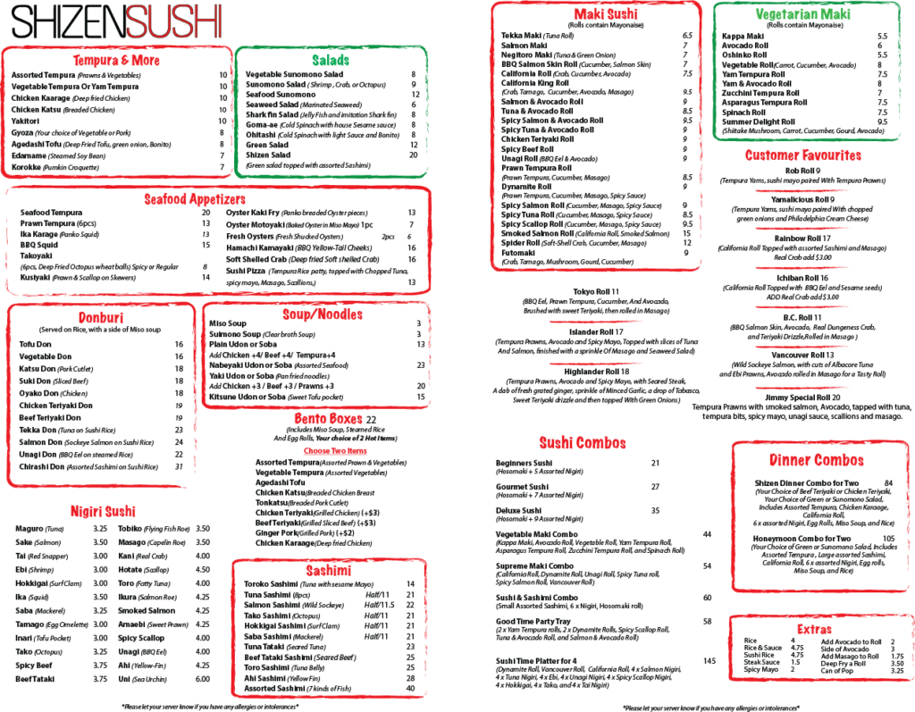 Shizen Menu Menu - Shizen Sushi
